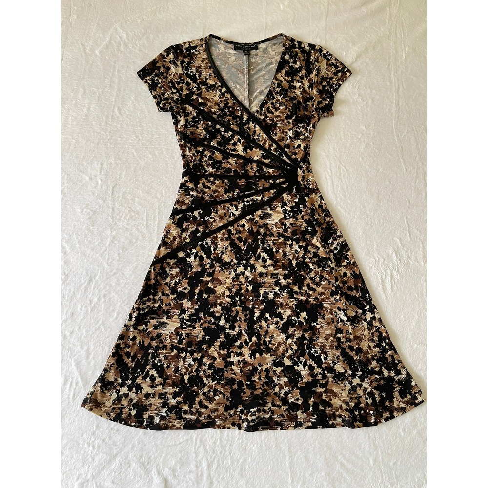 Connected Petite Brown Black Abstract Faux Wrap Dress V-Neck Short Sleeve 4P